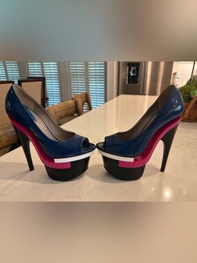 Versace Black, Pink & Blue Triple Platform Peeptoe Heels 35 U.S. 5